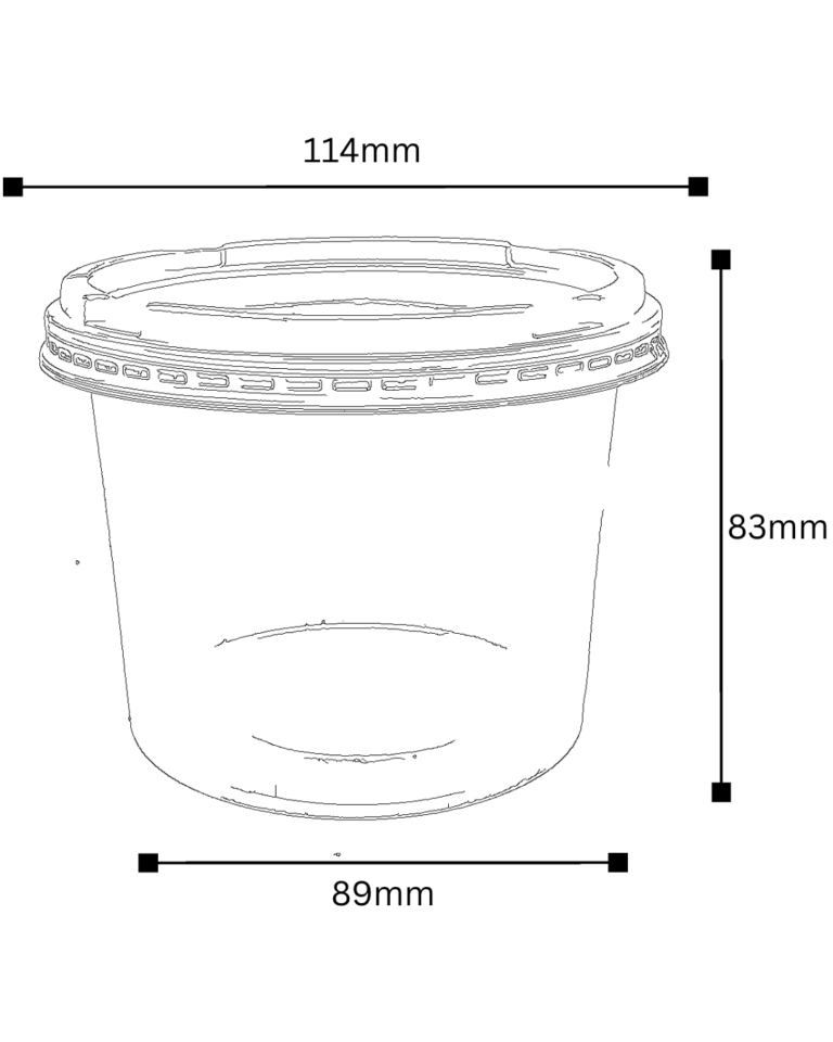 Plano técnico de la tarrina plástica CHIC de 16 oz con sus medidas