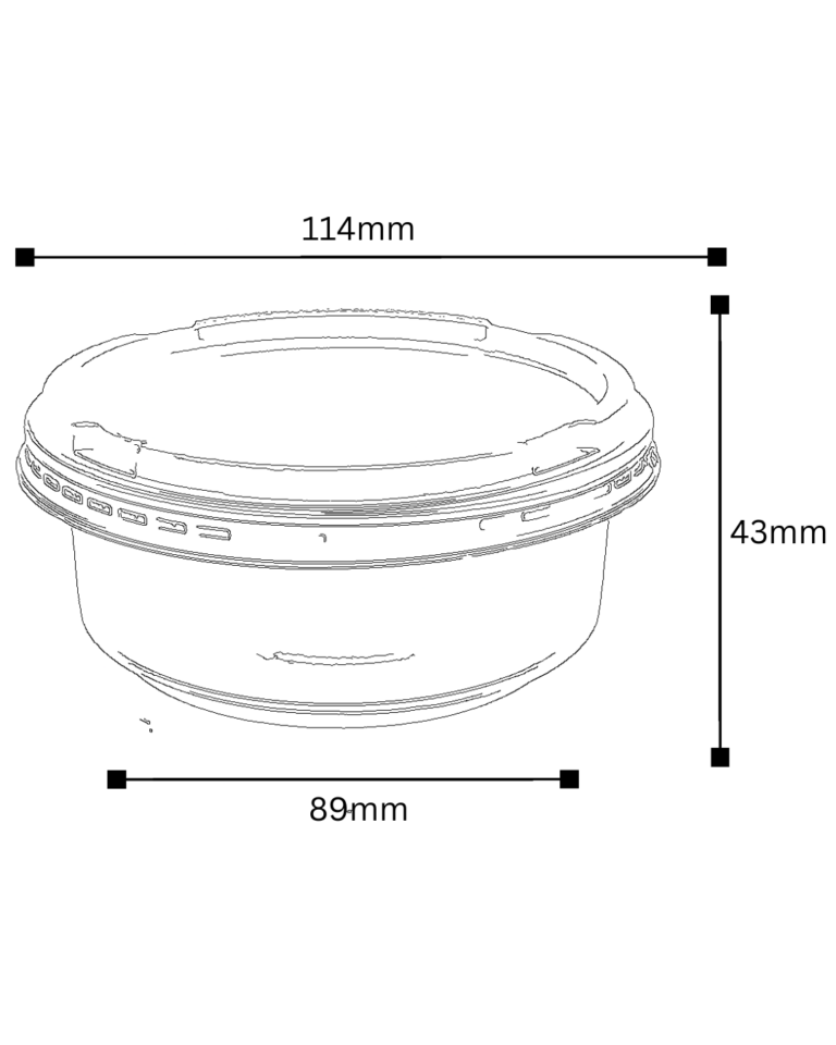 Plano técnico de la tarrina plástica CHIC de 8 oz con sus medidas