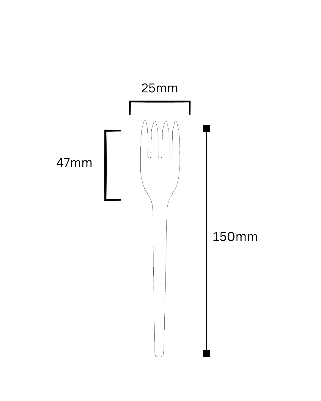 Esquema técnico con las medidas del tenedor desechable BICHE