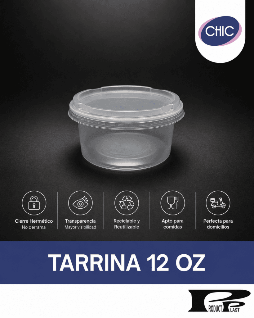Tarrina plástica transparente CHIC con tapa hermética, ideal para comidas, domicilios y almacenamiento seguro de alimentos.