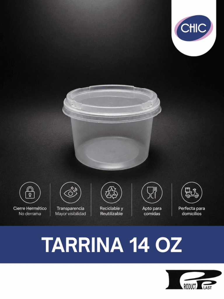 Tarrina plástica transparente CHIC con tapa hermética, ideal para comidas, domicilios y almacenamiento seguro de alimentos.