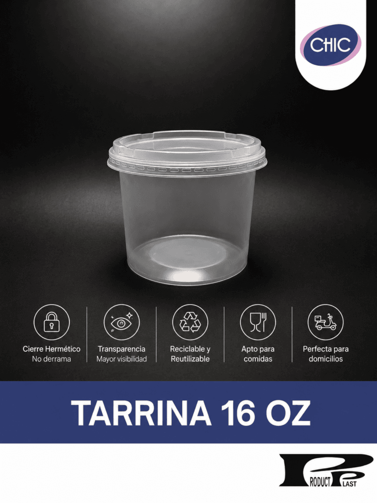 Tarrina plástica transparente CHIC con tapa hermética, ideal para comidas, domicilios y almacenamiento seguro de alimentos.