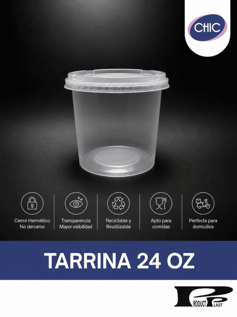 Tarrina plástica transparente CHIC con tapa hermética, ideal para comidas, domicilios y almacenamiento seguro de alimentos.
