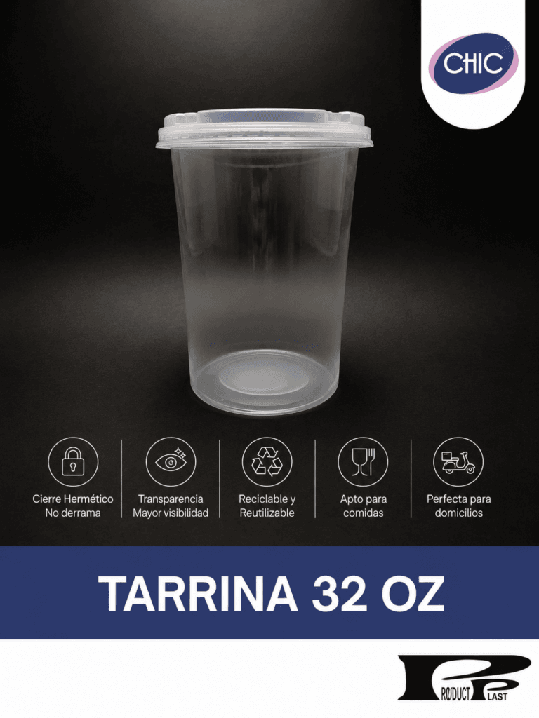 Tarrina plástica transparente CHIC con tapa hermética, ideal para comidas, domicilios y almacenamiento seguro de alimentos.