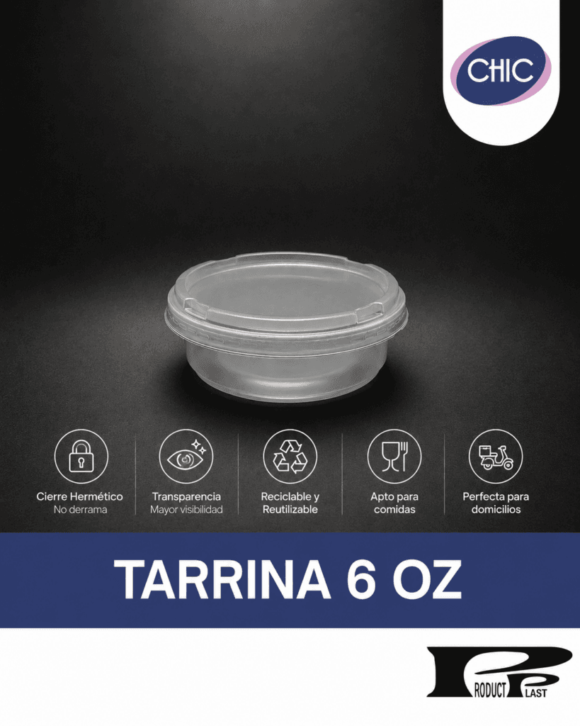Tarrina plástica transparente CHIC con tapa hermética, ideal para comidas, domicilios y almacenamiento seguro de alimentos.