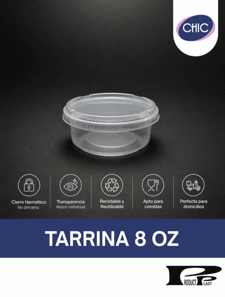 Tarrina plástica transparente CHIC con tapa hermética, ideal para comidas, domicilios y almacenamiento seguro de alimentos.