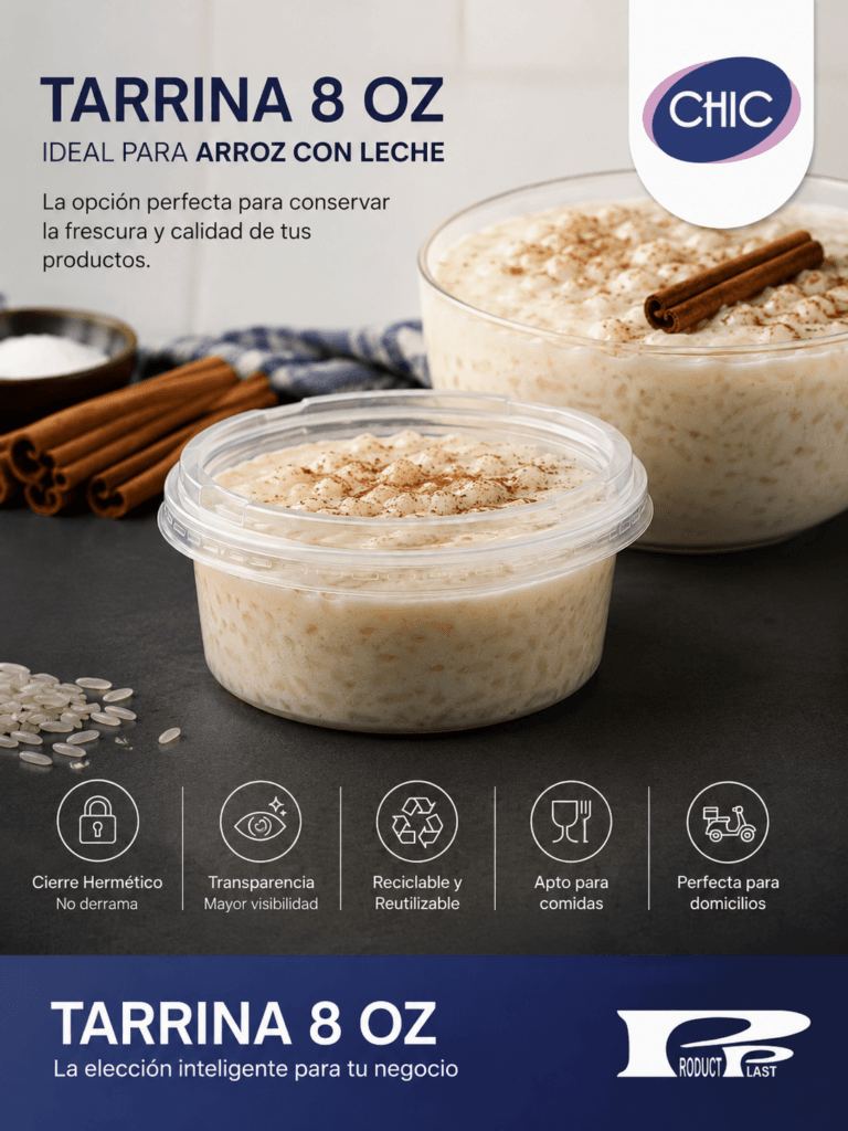 Tarrina plástica transparente CHIC con tapa hermética, ideal para comidas, domicilios y almacenamiento seguro de alimentos.
