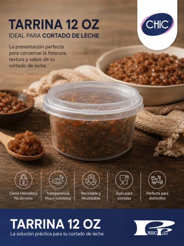 Tarrina plástica transparente CHIC con tapa hermética, ideal para comidas, domicilios y almacenamiento seguro de alimentos.