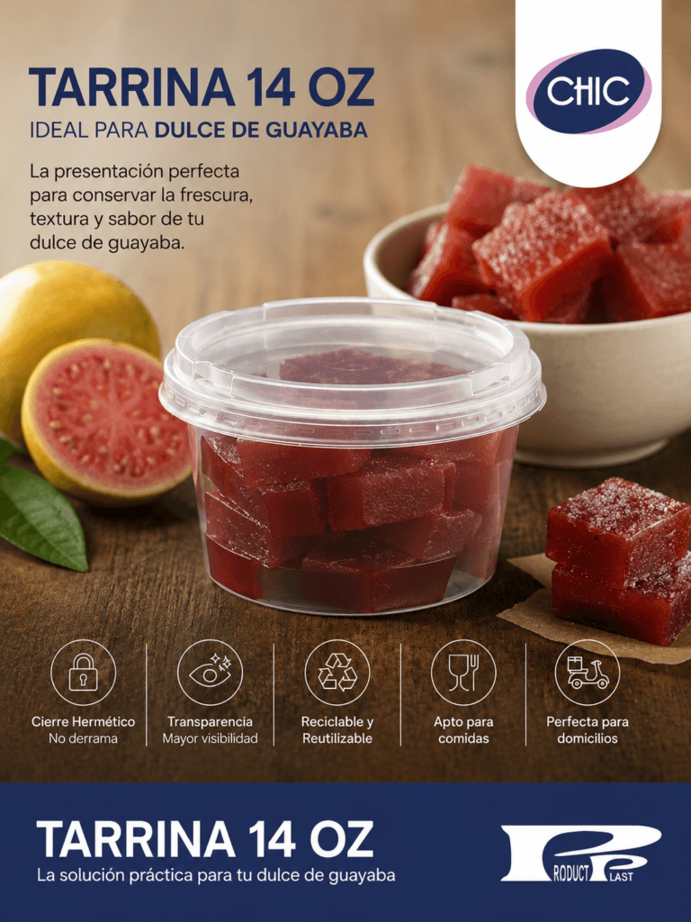 Tarrina plástica transparente CHIC con tapa hermética, ideal para comidas, domicilios y almacenamiento seguro de alimentos.