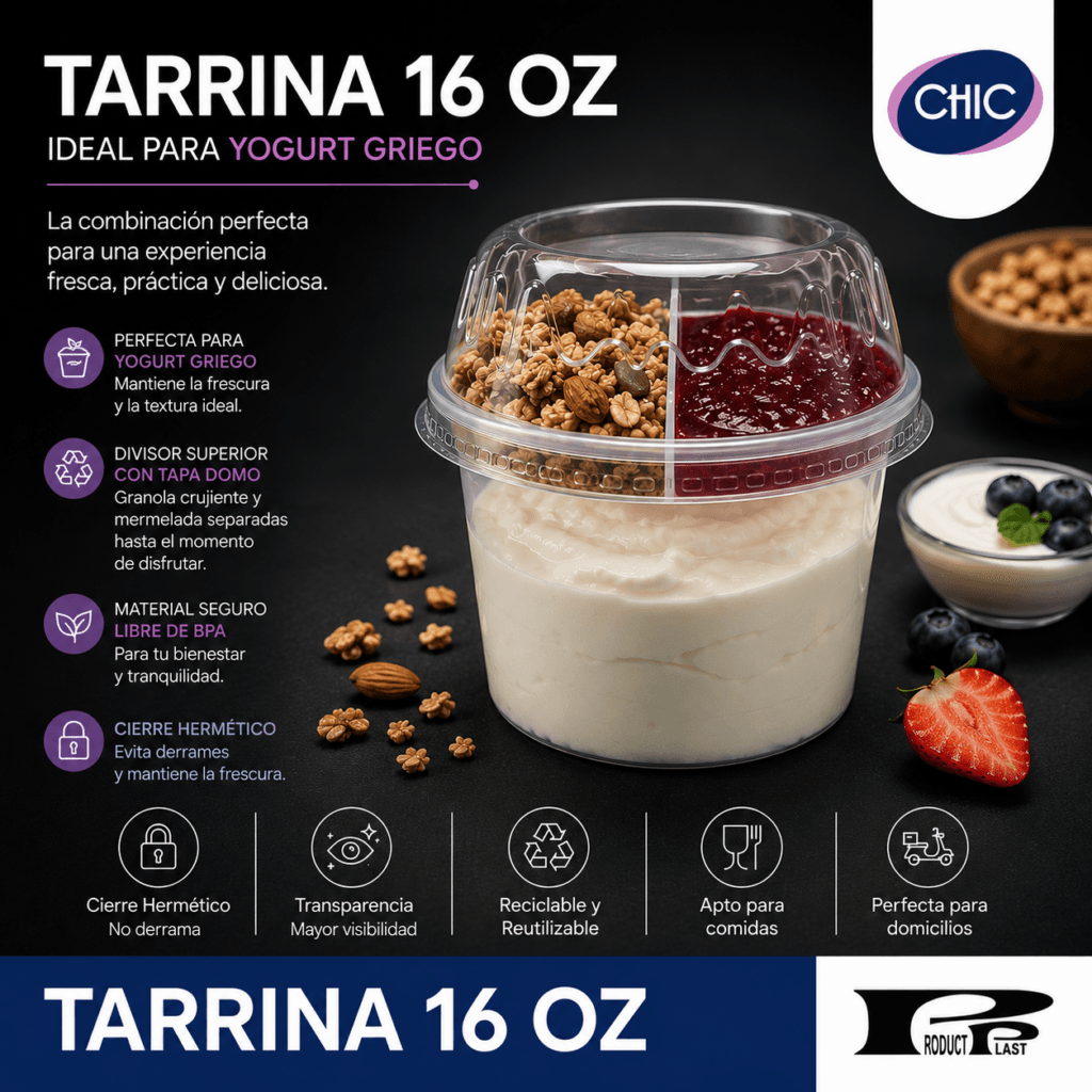 Tarrina plástica transparente CHIC con tapa hermética, ideal para comidas, domicilios y almacenamiento seguro de alimentos.