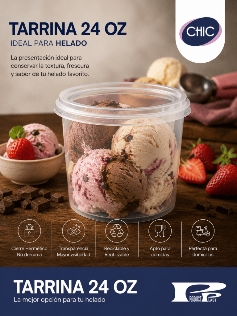 Tarrina plástica transparente CHIC con tapa hermética, ideal para comidas, domicilios y almacenamiento seguro de alimentos.