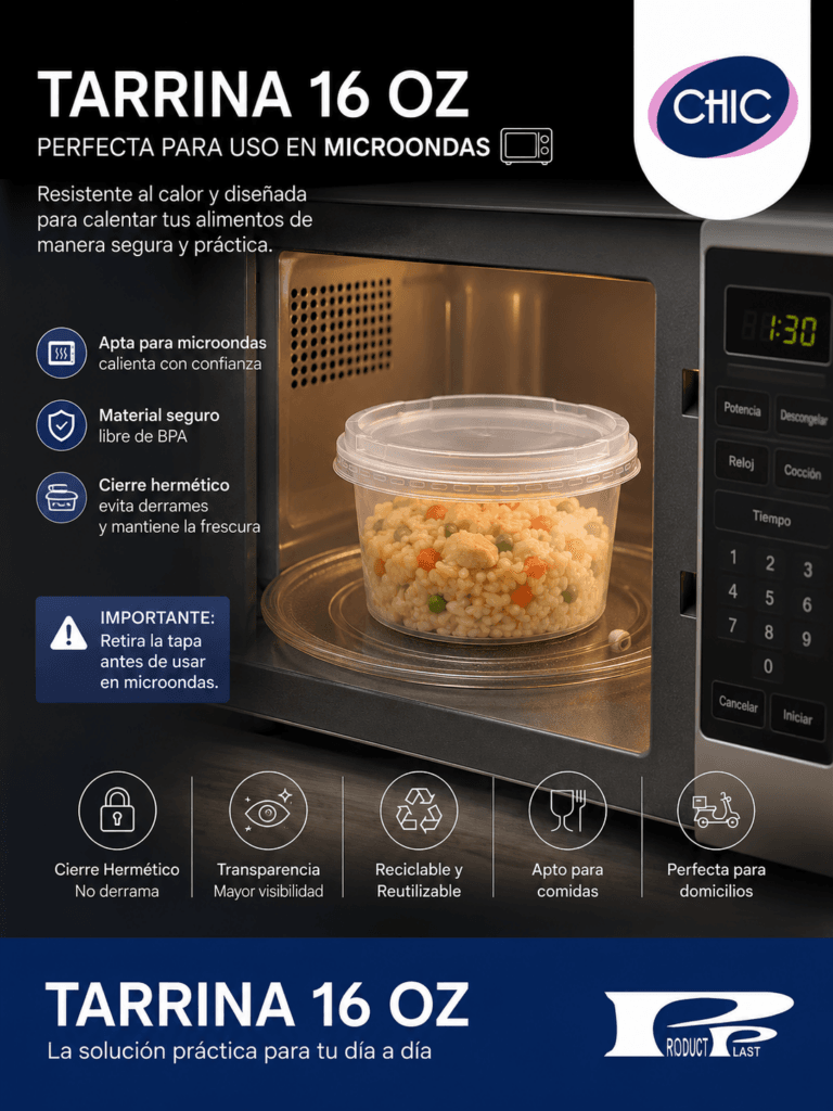 Tarrina plástica transparente CHIC con tapa hermética, ideal para comidas, domicilios y almacenamiento seguro de alimentos.