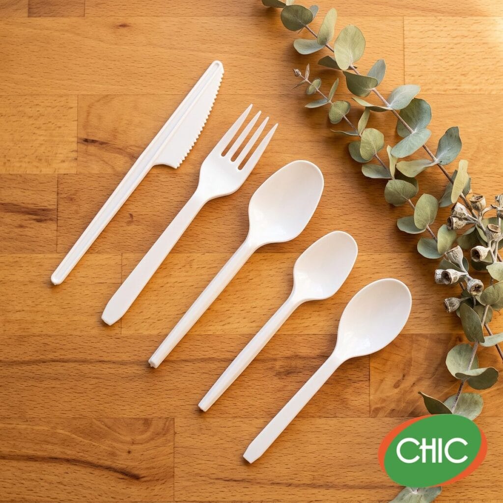 Cubiertos desechables CHIC blancos: cuchillo, tenedor y cucharas