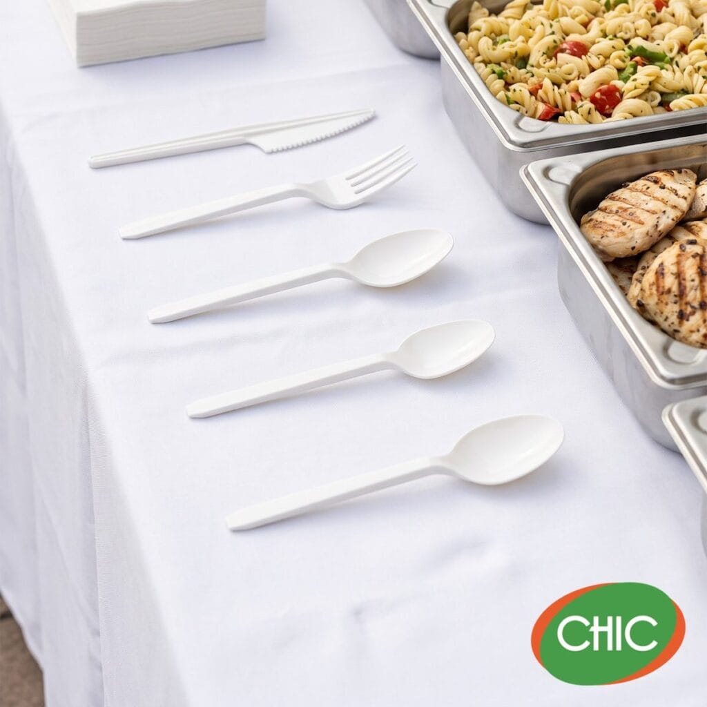 Cubiertos desechables CHIC en una mesa de buffet para eventos