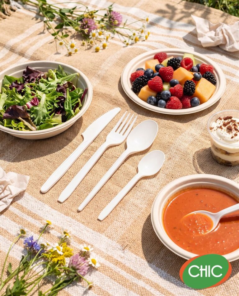 Cuchillo, tenedor y cucharas desechables CHIC en una mesa al aire libre
