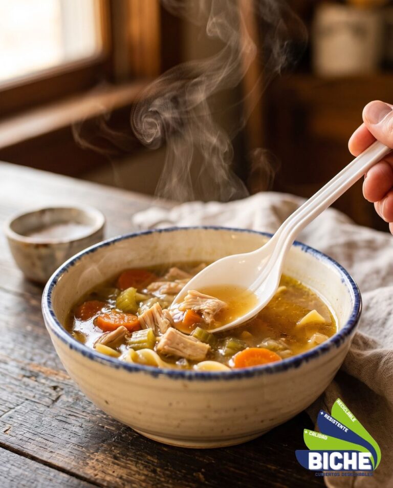 Cuchara sopera desechable BICHE con sopa caliente