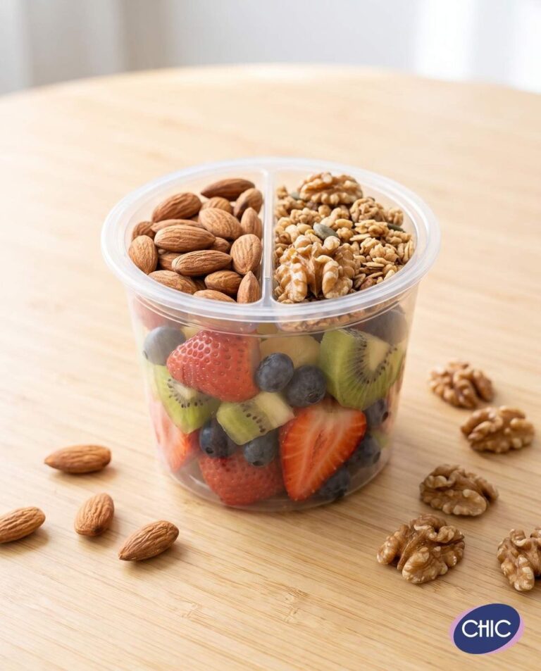 Tarrina plástica CHIC con división: fruta picada, almendras y granola