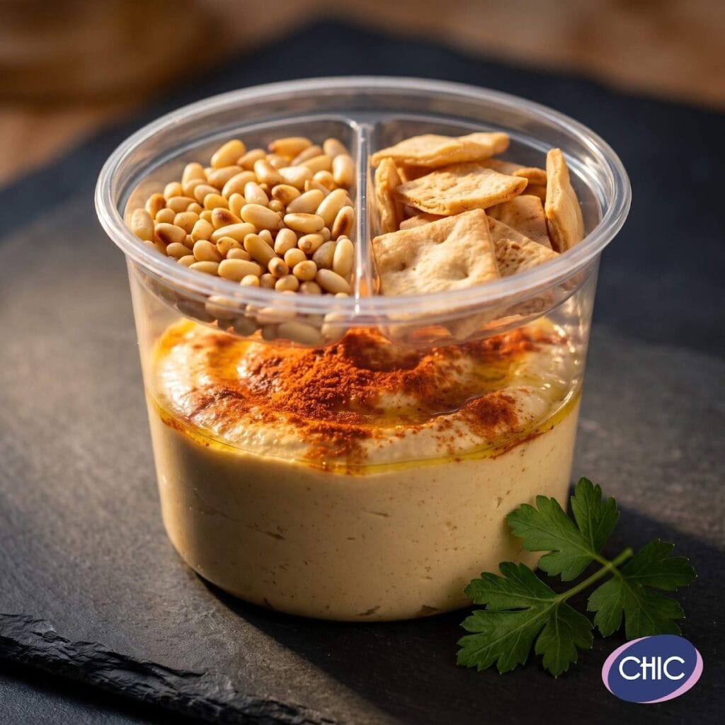 Tarrina plástica CHIC con división, con hummus, garbanzos y galletas