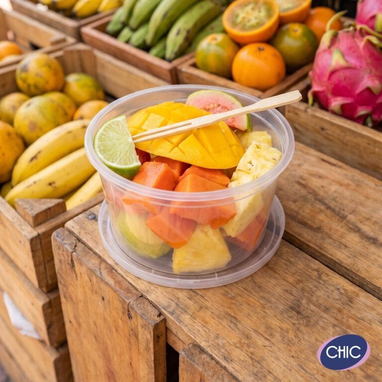 Tarrina plástica con fruta picada en un puesto de frutas