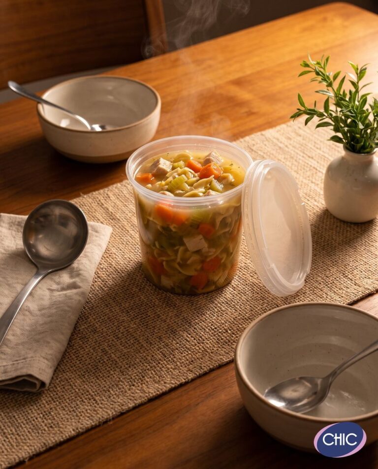 Tarrina plástica CHIC con sopa caliente, apta para microondas